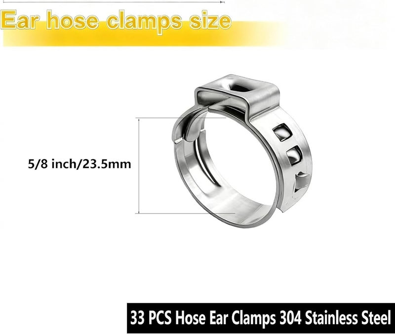 ANDILIKE 33 PCS Hose Ear Clamps 304 Stainless Steel,23.5mm (5/8 Inch) Single Ear Hose Clamp Clip,Hose Fitting for Securing Pipe Hose - Image 2